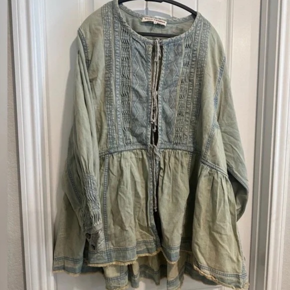Free People Sweet Summer Bed Jacket in Light Chambray Combo sz  medium EUC - Picture 8 of 9